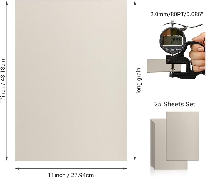 25 Pcs Book Board, Binder Board, Cover Board, Heavy Duty Chipboard for Book Binding, DIY Cardboard (Gray, 11 x 17 Inch 80PT)-DeskLoop Office