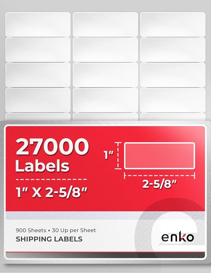 enKo 1 x 2-5/8 Inch 30 Up Return Mailing Address Labels White Printable FBA Labels (900 Sheets, 27,000 Labels)-DeskLoop Office