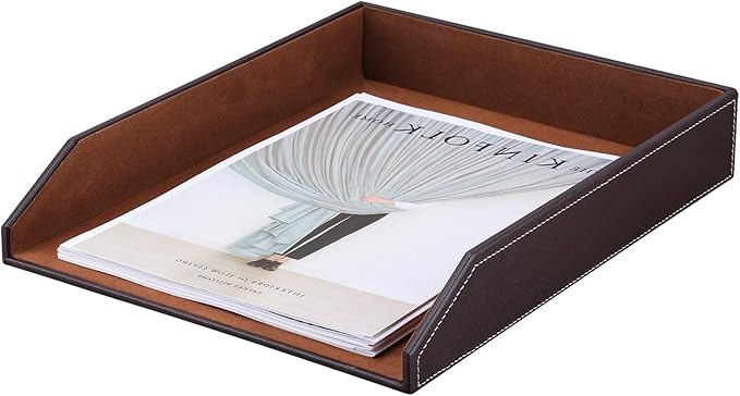 KINGFOM Letter Tray, PU Leather Paper Organizer Tray for Desk, Paper Organizer Storage Holder for Office Home or School A4 Size Brown-DeskLoop Office