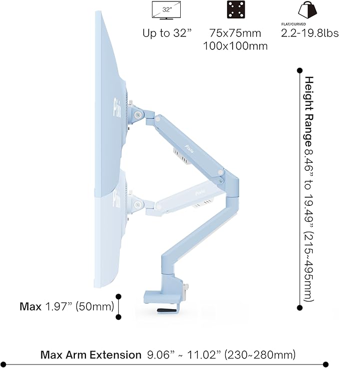 Pixio PS1S Wave Blue Single Monitor Arm Stand Desk Mount - Fits up to 32 inches Monitors and up to 19.8lbs. VESA Compatibility and Integrated Cable Management-DeskLoop Office