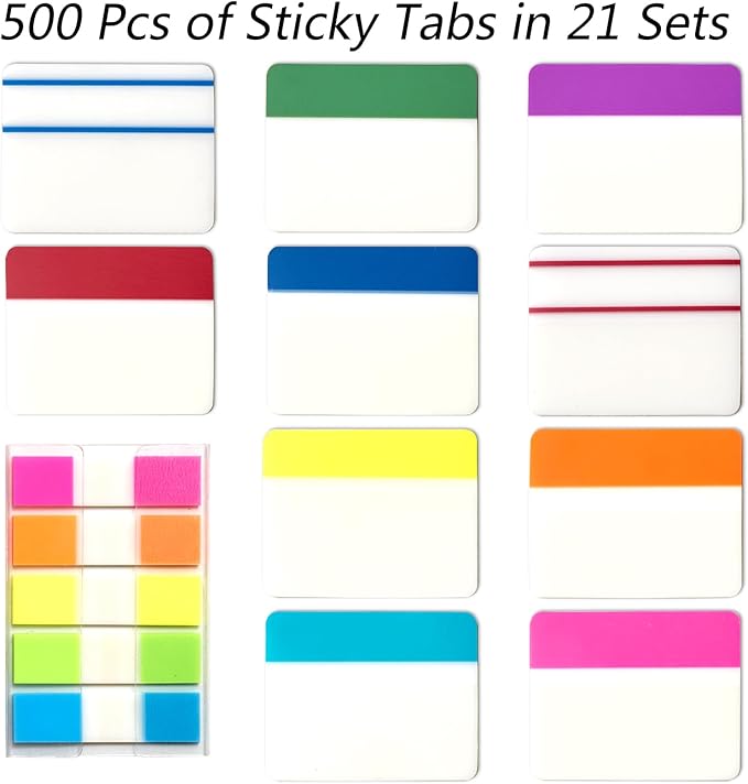 Sticky Index Tabs Book Page - 500Pcs 2 Inch Writable Colored Pages Markers, Repositionable File Tab Flags Labels Self Adhesive Reading Divider Sticker for Books, Binders, Notebook and Folders (21 Set)-DeskLoop Office