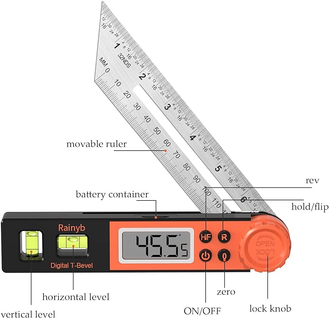 Digital Angle Finder Protractor 0-360 Degree T-Bevel Gauge & Protractor with Horizontal Vertical Bubble & Full LCD Display for Woodworking, Metalworking, Construction-DeskLoop Office