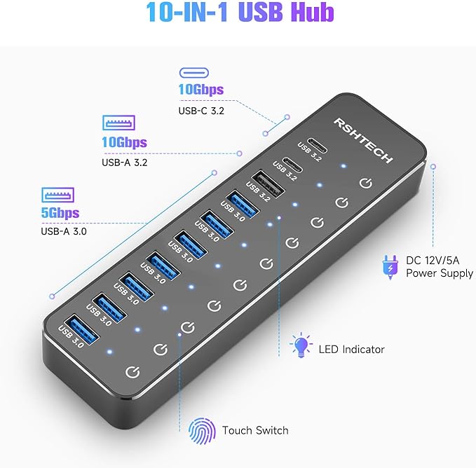 Powered USB Hub, RSHTECH 10-Port USB 3.2/USB C Hub 60W with 10Gbps USB-A 3.2, 2 USB-C 3.2, 7 USB 3.0 Ports, Individual Touch Switches and 3.3ft Cable, Hybrid USB Splitter for Laptop/PC, RSH-ST10C-DeskLoop Office