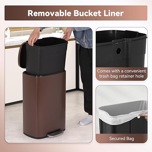 PayLessHere Stainless Steel Trash Can with Lid - Removable Inner Bucket, Foot Pedal Soft Close for Office, Home, Kitchen Garbage Bin (Brown, 13 G)-DeskLoop Office