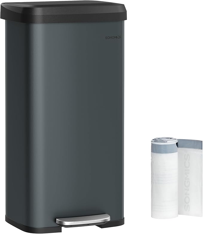 SONGMICS Kitchen Trash Can, 18-Gallon Stainless Steel Garbage Can, with Stay-Open Lid and Step-on Pedal, Soft Closure, Tall, Large and Space-Saving, Charcoal Gray and Black ULTB520G01-DeskLoop Office