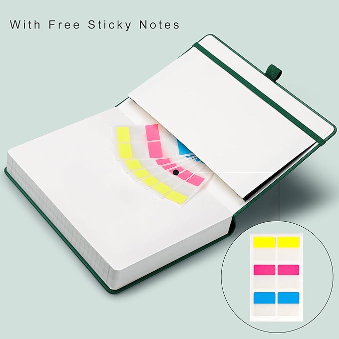 EMSHOI A5 College Ruled Notebook Journal- 400 Pages (200 sheets), 7mm Spacing & Vegan Leather Cover for Work, School, Bible Study, Bullet Journaling- with Sticky Notes, Pocket & Pen Holder- Dark Green-DeskLoop Office