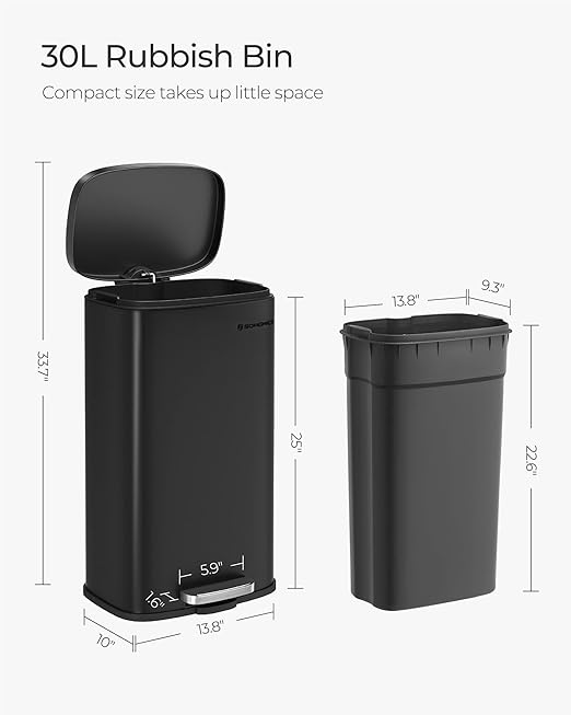 SONGMICS Trash Can with Lid, 8 Gallon Garbage Can, Stainless Steel Small Waste Bin with Step Pedal and Inner Bucket, Soft Close, Kitchen, Black ULTB102B01-DeskLoop Office