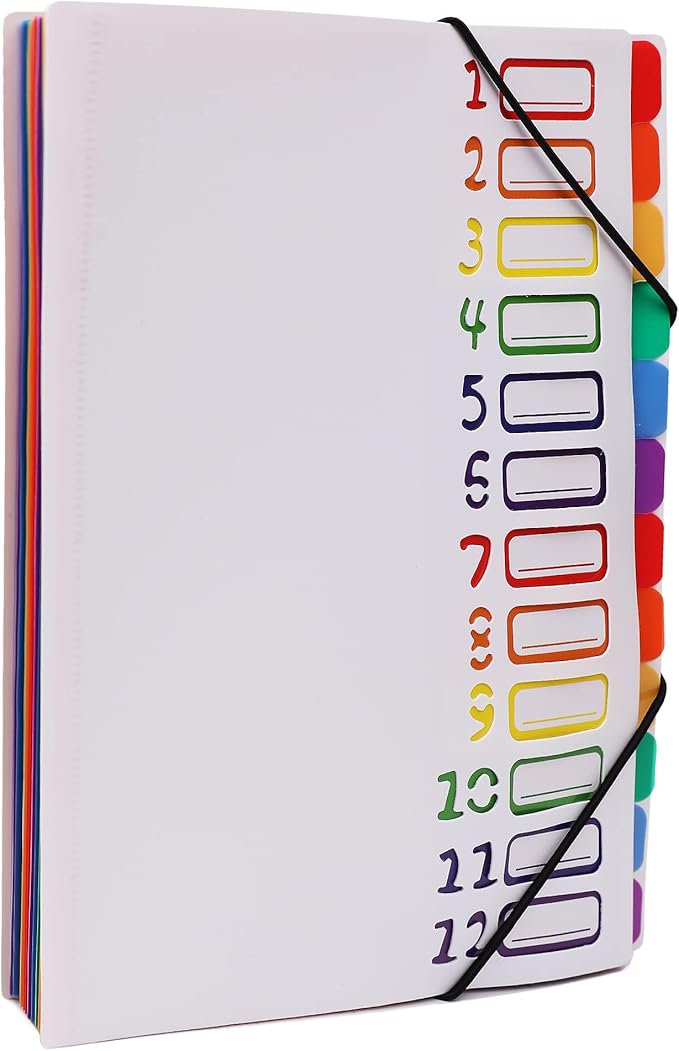 Rainbow Tab Expanding File Folder - 24 Pockets, Durable A4 Letter Size Organizer, Water-Resistant Plastic Dividers, Home/Office/School Document Holder (White)