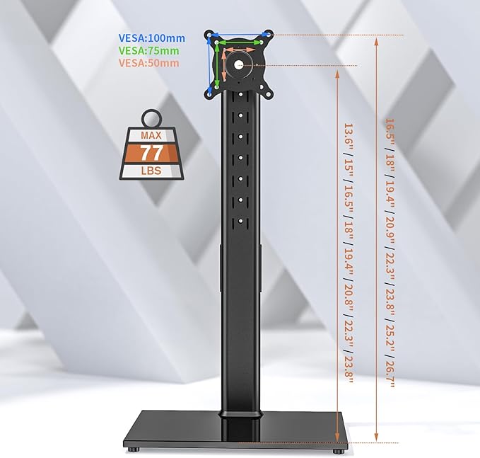 Single Monitor Stand Freestanding 27-43 Inch Monitor Arm Curved Screen Monitor Mount Tempered Glass Base Adjustable Motion Tilt -15° to 10° Swivel ±45° Rotation 360° Weight Capacity 77lbs HT05B-003-DeskLoop Office