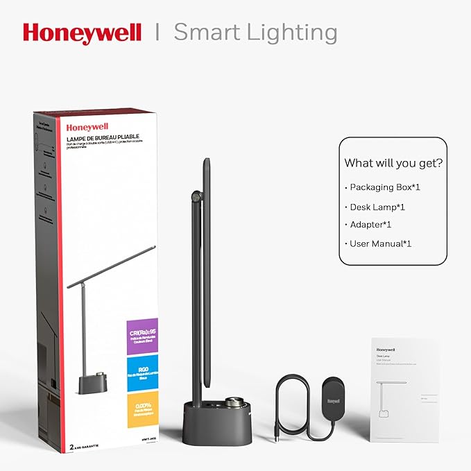 Honeywell Sunturaluxโข LED Desk Lamp with USB Charging Ports HWT-H01 - Stepless Dimmable Eye Caring Desk Light for Home Office Bedroom Bedside College Dorm, Foldable Table Lamp Reading Lamp Black