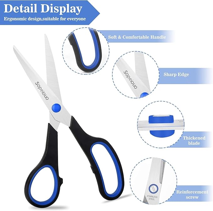 Scissors Set of 6-Pack, 8" Scissors All Purpose Comfort-Grip Handles, Sharp Scissor for Office Home School Craft Sewing Fabric Supplies, High/Middle School Student Teacher, Right/Left Hand-DeskLoop Office