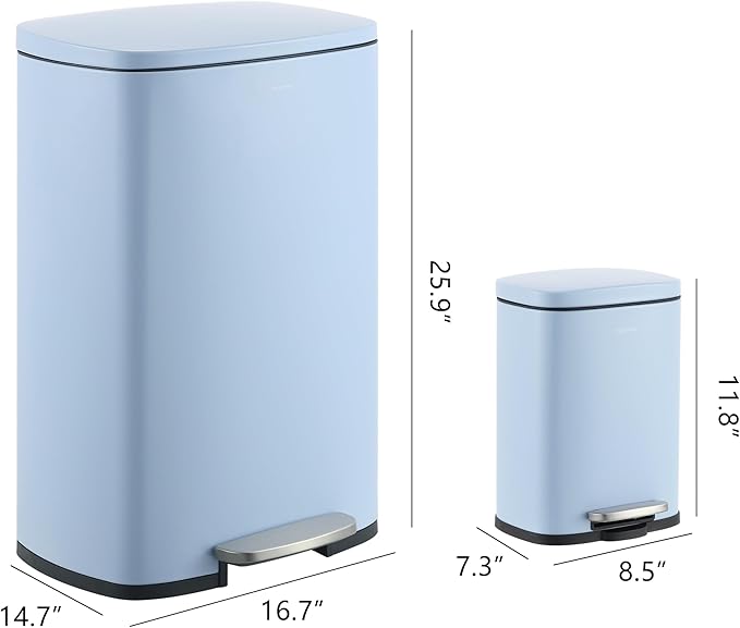 happimess HPM1006H Connor Rectangular 13-Gallon Trash Can with Soft-Close Lid and Free Mini Trash Can, Fingerprint Resistant, Modern, Minimalistic for Home, Kitchen, Office, Bathroom, Tide Pool Blue-DeskLoop Office