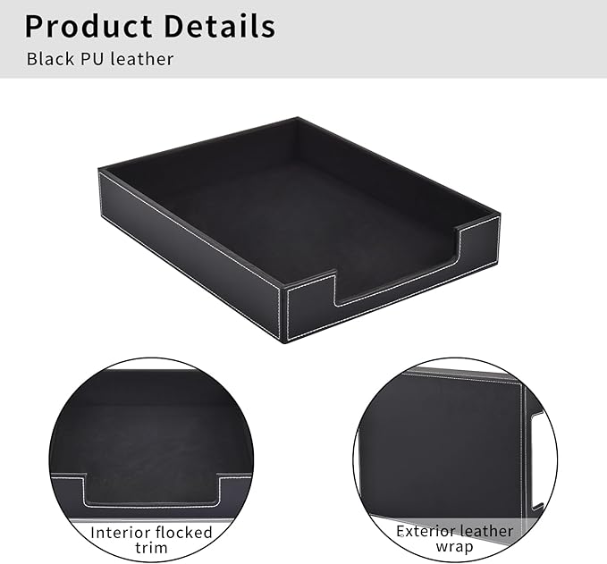 Leather 1-Layer Letter Tray Stackable File Document Tray,A4 Paper Case Rack Desk Office Supplies Organizer Holders,Desktop Organization, Pen Mail Magazine Storage Box(Black)-DeskLoop Office