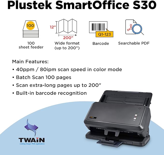 Plustek Wide-Format Color Duplex Document Scanner S30, for Large-Format Document Scan, Scans Wide Up to 12" and Long Up to 200", 100-Sheet Duplex Auto Document Feeder-DeskLoop Office