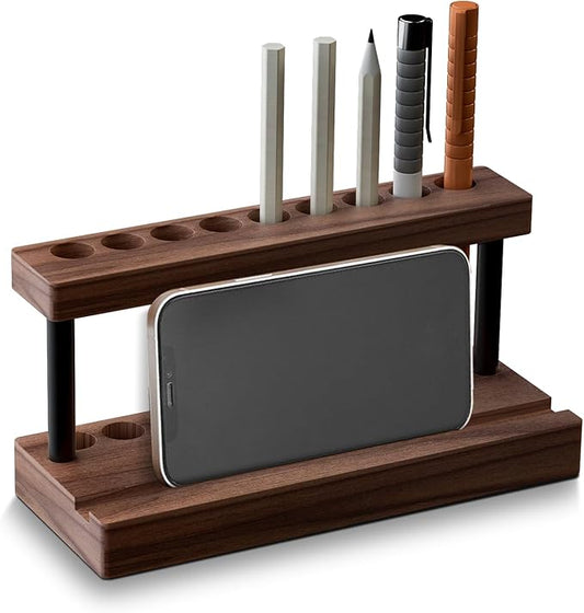 Pencil & Pen Holder for Desk, Solid Walnut Pen Display Stand with 9 Slots and Cell Phone Holder, Aesthetic Pen Organizer for Minimalist Office Desk Decor-DeskLoop Office