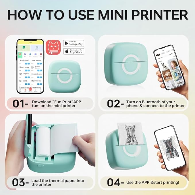 Mini Printer Sticker Thermal Printer with 3 Rolls Paper, Bluetooth Portable Phone Print Pods,Study Sticker Maker for Pictures, Photos, Journals, DIY, Compatible with Phone & Tablet-DeskLoop Office