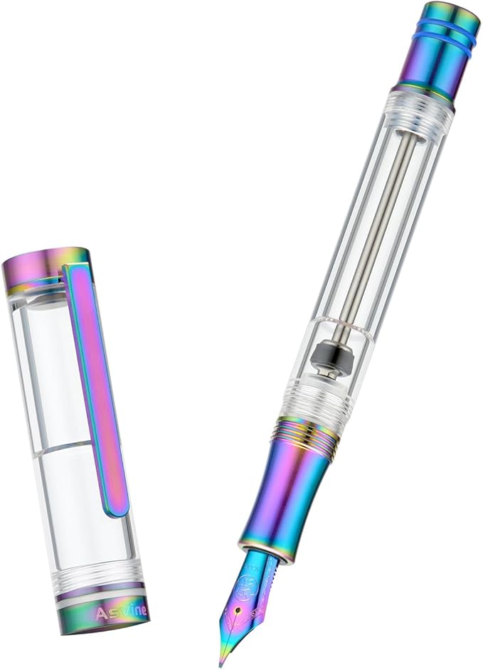 Asvine V200 Titanium Fountain Pen Vacuum Filling, Rainbow Iridium Extra Fine Nib Clear Demonstrator Acrylic with Pen Case and Wrench