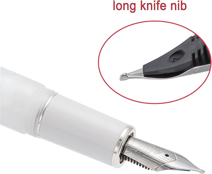 Hongdian N8 White Acrylic Resin Fountain Pen, Long Blade Fine Nib Silver Plated Feather Carving Cap Smooth Writing Pen with Converter and Metal Pen Box Set-DeskLoop Office