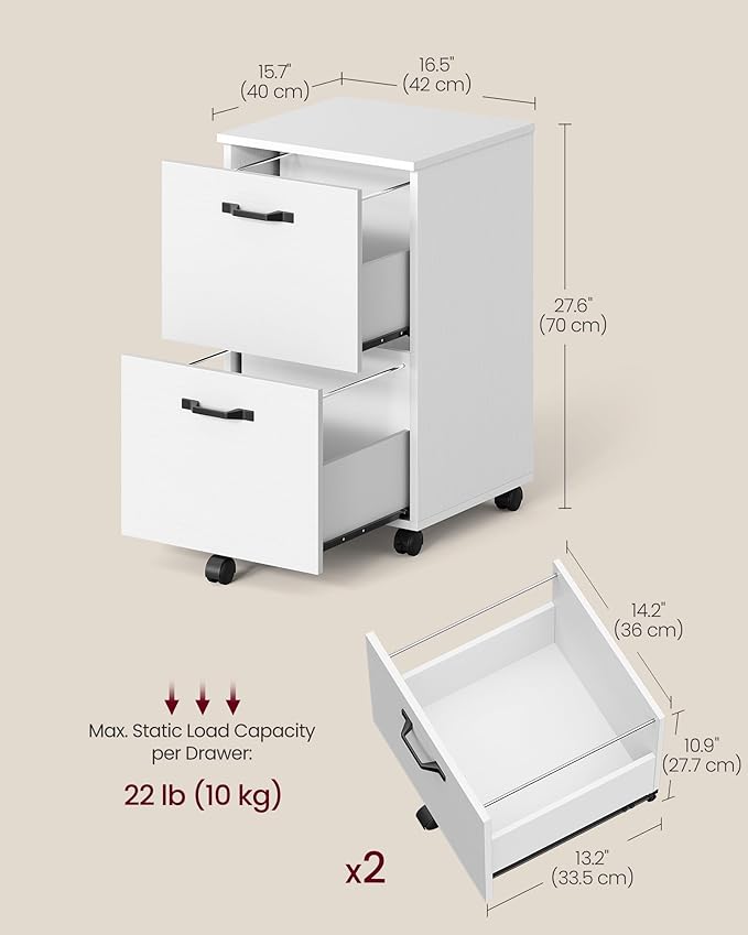 VASAGLE 2-Drawer File Cabinet, Small Rolling Filing Cabinet for Home Office, Printer Stand, for A4, Letter-Size Documents, 15.7 x 16.5 x 27.6 Inches, Snow White UOFC040W46-DeskLoop Office