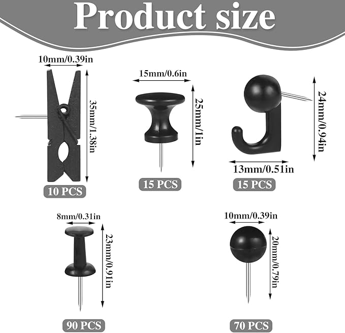 200 Pieces Push Pins Thumb Tacks Black Push Pins for Cork Board, 5 Style for Bulletin Boards Wall Maps Pictures Office Home Supplies-DeskLoop Office