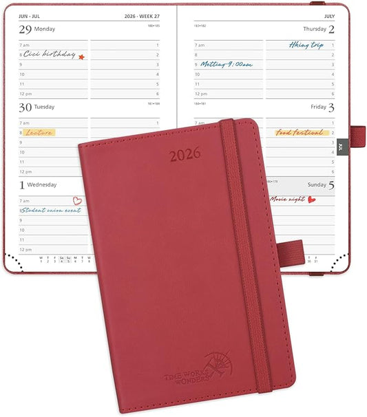 POPRUN Pocket Calendar 2026 (Small Size- 4'' x 6.25") Weekly and Monthly for Purse - Planner 2026 (Jan. 2026 - Dec. 2026) with Vegan Leather Soft Cover, Plastic Ruler, Pen Holder and More - Burgundy Red-DeskLoop Office