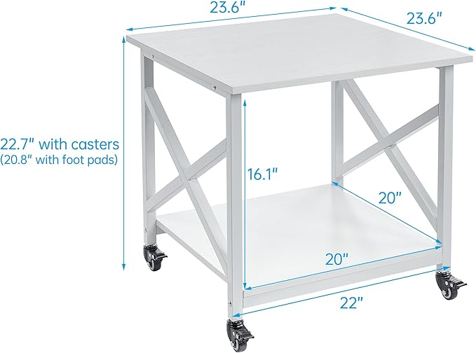 23.6 x 23.6 Inches Large Printer Stand, 2 Tier Square Printer Table with Storage Shelf for Home Office, Multi-use Rolling Cart with Wheels for Laser, 3D Printer and Mini Fridge - White-DeskLoop Office