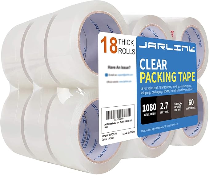 JARLINK Clear Packing Tape (18 Rolls), Heavy Duty Packaging Tape for Shipping Packaging Moving Sealing, 2.7mil Thick, 1.88 inches Wide, 60 Yards Per Roll, 1080 Total Yards-DeskLoop Office