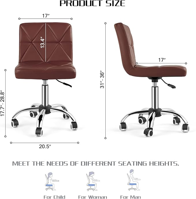 COSVALVE Armless Desk Chair, Mid Back 360 Swivel Office Chair, Height Adjustable Executive Conference Task Chair with Rolling Wheels and Diamond Pattern for Home Bedroom Computer Barber, Brown-DeskLoop Office