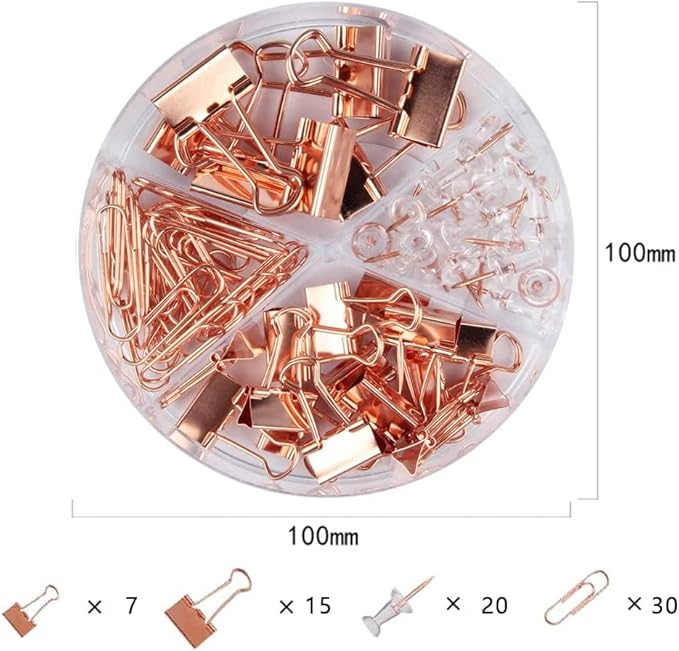 Paper Clips and Binder Clips Set, Metal Assorted Sized Binders with Push Pins, Cute Office Supplies for Desk, Desk Accessories, Rosegold-DeskLoop Office