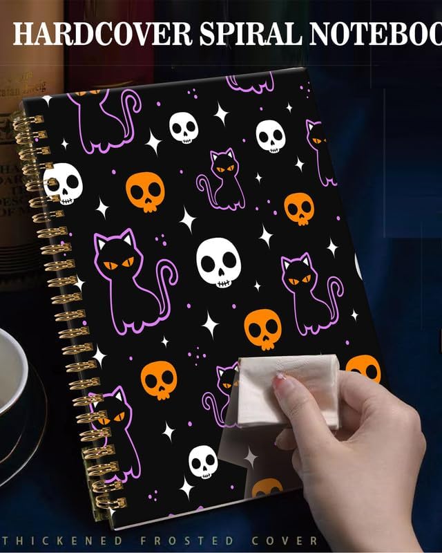 Spiral Journal Notebook,A5 Hardcover Lined Journals for Women Girl 6 x 8.3 in,120 Pages Thick Paper,Cute College Ruled Writing Notebook for Gifts Office Work School(Halloween Skull Cat)-DeskLoop Office
