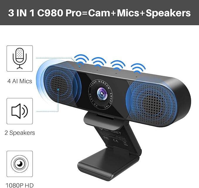 EMEET 3 in 1 Webcam - 1080P Webcam with Microphone and Speakers, Noise Reduction, Auto Low Light Correction W/Cover, C980 Pro USB Camera Web cam 60°-98° for Video Conferencing Streaming/Gaming/Class-DeskLoop Office