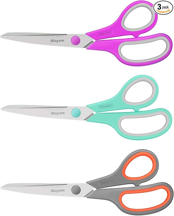 Scissors, iBayam 8" All Purpose Scissors Bulk 3-Pack, Ultra Sharp 2.5mm Thick Blade Shears Comfort-Grip for Office Desk Accessories Sewing Fabric Home Craft Teacher School Supplies, Right/Left Handed-DeskLoop Office