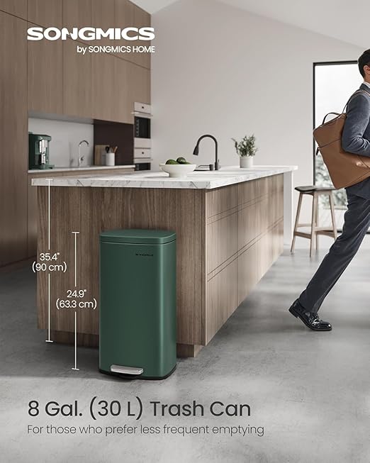 SONGMICS Trash Can with Lid, 8 Gallon Garbage Can, Stainless Steel Small Waste Bin with Step Pedal and Inner Bucket, Soft Close, Kitchen, Retro Green ULTB003C01-DeskLoop Office
