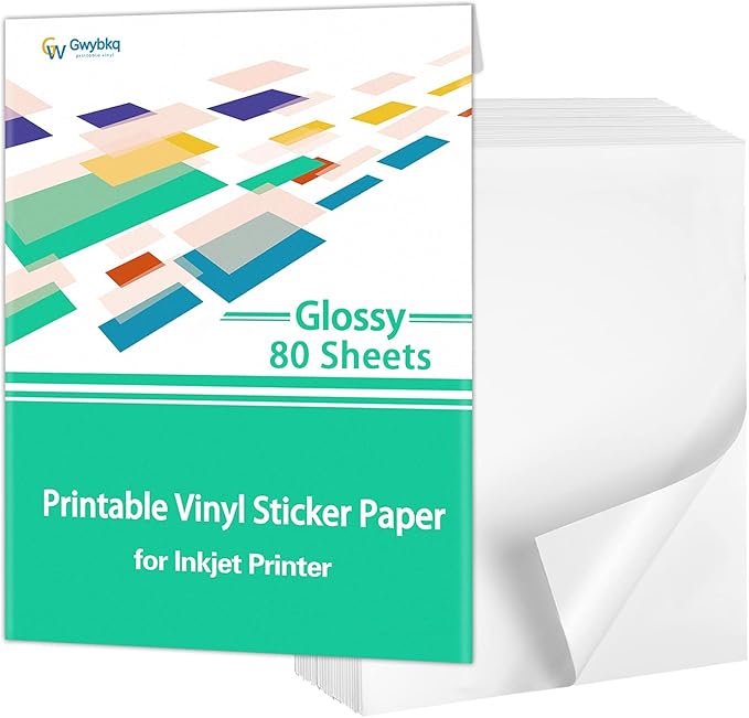 Gwybkq Glossy Sticker Paper Printable Vinyl for Inkjet Printer, 80 Sheets Labels Waterproof Decal Paper-DeskLoop Office