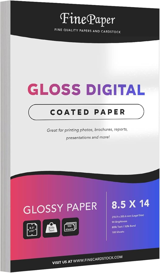 Gloss Digital Paper – Perfect for Color Laser Printing, Design Proposals, Flyers and Brochures | 8.5" x 14" | Glossy 80lb Text (32lb Bond) Paper | 94 Bright | Acid Free, Coated Finish | 100 Sheets-DeskLoop Office