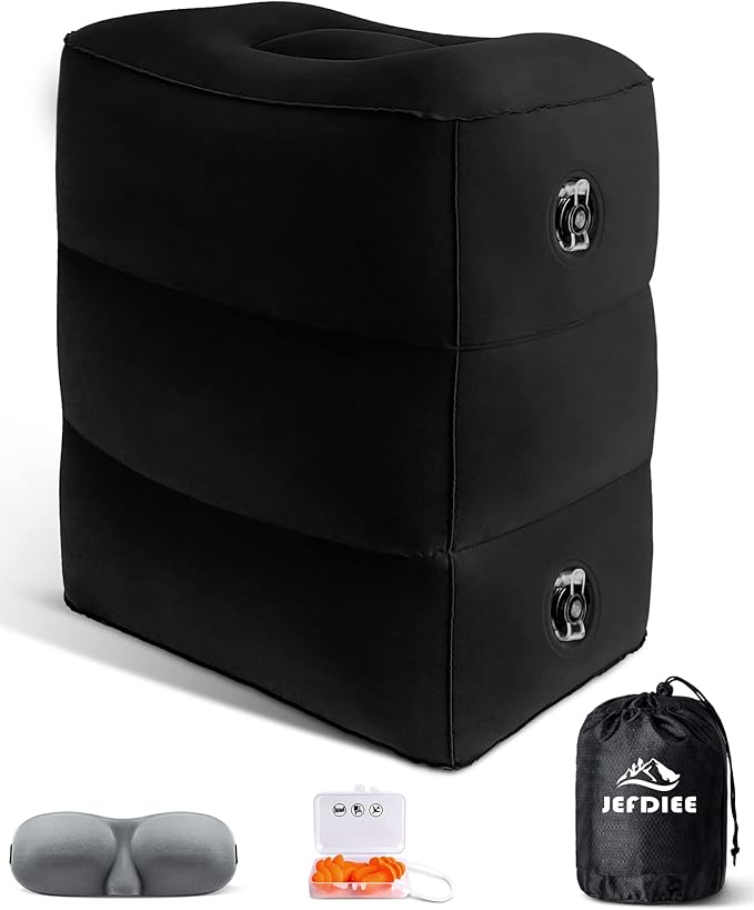 JefDiee Inflatable Travel Foot Rest Pillow, Kids Airplane Bed, Adjustable 3 Layers Height Leg Rest Pillow, Adults Travel Essentials Great for Airplane, Office, Home, Trains, Cars (Black)-DeskLoop Office