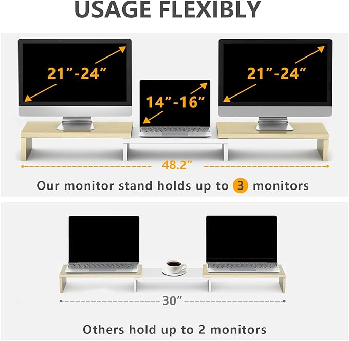 TAVR Dual Monitor Stand Riser, Computer Monitor Stands for 2 Monitors, Extra Long Multifunctional Desktop Organizer Riser for Computer, Laptop, PC, Printer, TV, Max 48.2" Length, Oak