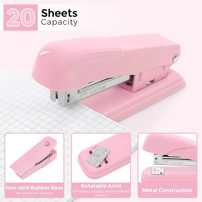 SKYDUE Pink Office Desk Accessories, Pink Office Supplies, Stapler, Tape Dispenser, Scissors, Clips and 1000pcs Staples,Office Supplies for Desk for Women-DeskLoop Office