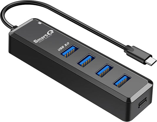 SmartQ H302 4-Port USB 3.0 Hub Long Cable 1ft 3ft with Micro-B Charging Port, Fast Data Transfer USB Hub, Compatible Windows PC, Mac, Surface Pro, Laptop, Printer (USB C - 0.5ft)-DeskLoop Office