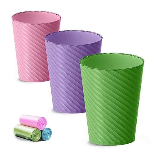 Bathroom Trash Can, 3 Pack 1.8 Gallons Small Trash Can with Trash Bags, Bathroom Garbage Can, Plastic Trash Bin, Round Waste Basket for Bedroom, Office, Compact Space (Pink Purple Green)-DeskLoop Office