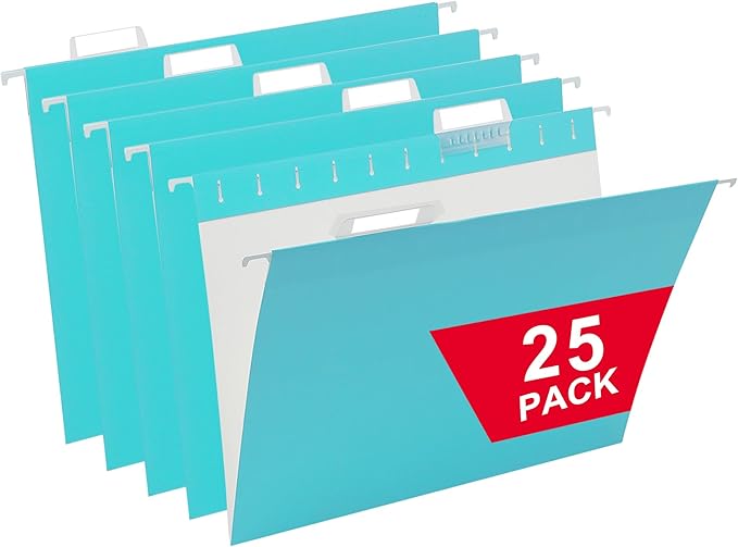 Cyan Blue Hanging File Folders,25 Packs Letter Size File Folder,Designed for Bulky Files,Filing Cabinet,1/5 Adjustable Tabs for Office,School,Home-DeskLoop Office