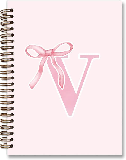 Coquette Trendy Preppy Pink Bow Spiral Notebook,Initial V Journal Personalized Teen Girl Gifts,Monogrammed Gifts for Women Teen Girl,College Ruled Hardcover Spiral Notebook 5.5 x 8.3-DeskLoop Office