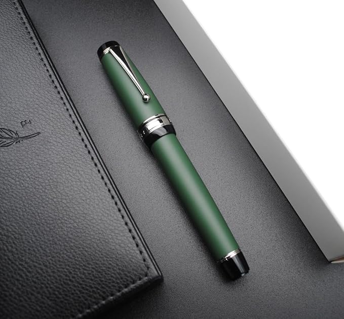 Metal Big Fountain Pen Set Medium Nib 0.7mm, Includes Ink Refill Converter, 5 Ink Cartridges & Gift Box (Medium Nib 0.7mm, Matte Green with Silvery Clip)-DeskLoop Office