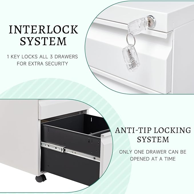 Letaya 3 Drawer Mobile File Cabinet with Lock, Under Desk Metal Rolling Filing Cabinets for Home Office Organizer Letters/Legal/A4 (White- Requires Installation) (White)-DeskLoop Office