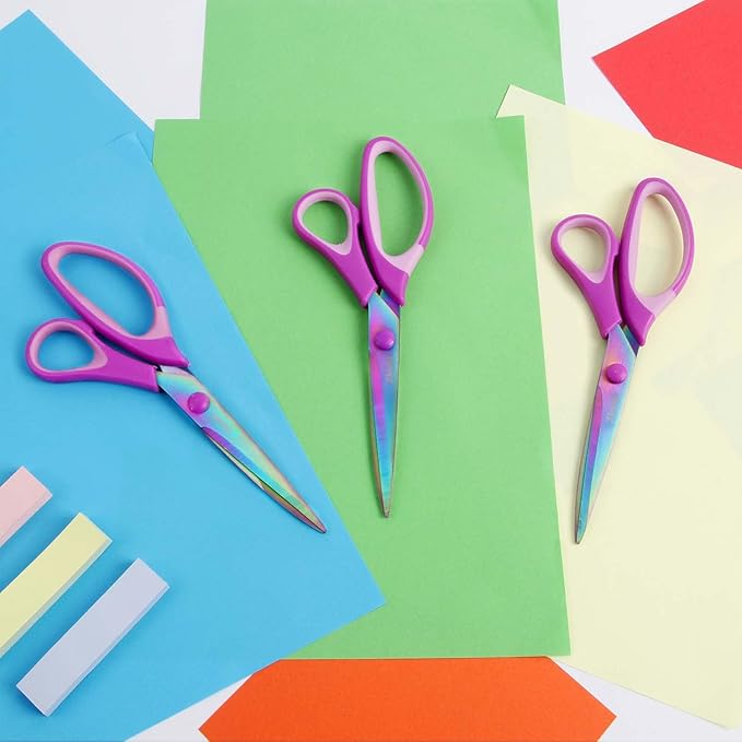 8.5" Scissors All Purpose, Multipurpose Office Scissors Set of 3 pack, sharp Titanium Coating Blade and Soft Comfort-Grip Sturdy Scissors for Fabric School Craft Sewing Home, Right/Left Handed, Purple-DeskLoop Office