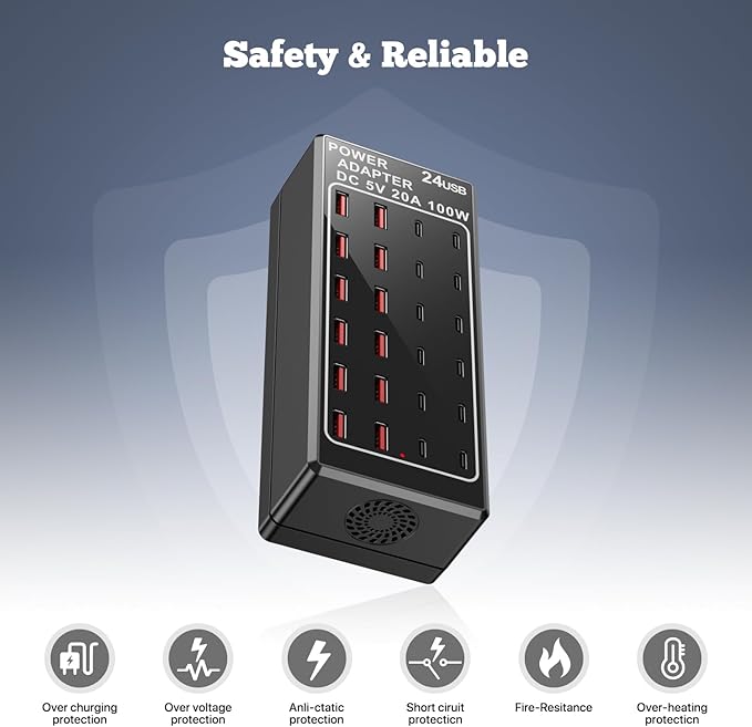 USB C Charging Station, USB Charger Station Block, 24-Port 100W (20A) Charging Block, Charging Station for Multiple Devices USB Wall Charger Power Hub,Compatible Samsung S24/iPhone/Google-DeskLoop Office