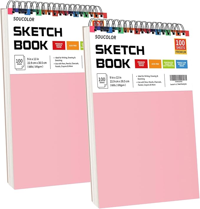 Soucolor Art Supply Set - Sketching & Drawing Kit, 9" x 12" Sketch Book, 2-Pack 100 Sheets Spiral Bound Art Sketchbook, Acid Free-DeskLoop Office