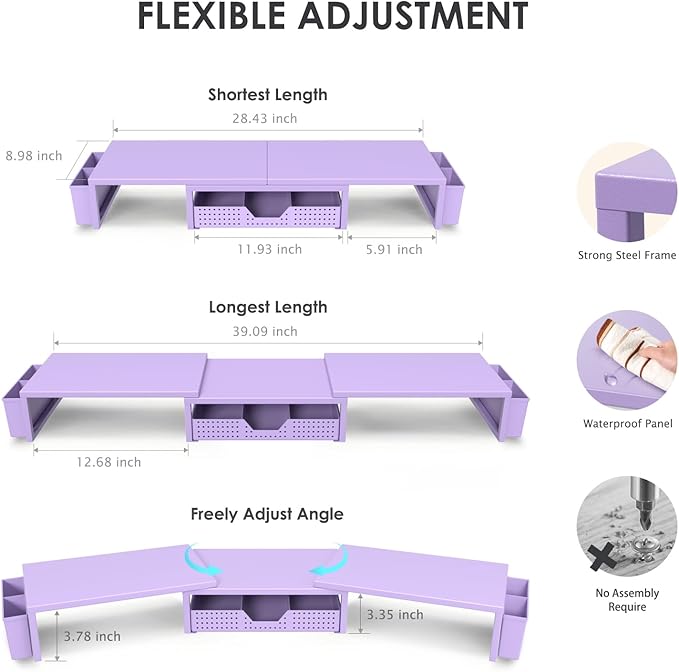 Purple Desk Organizers and Accessories, Dual Computer Monitor Stand Riser with Drawer and 2 Pen Holders, Office Desk Accessories, Workspace Desktop Organization for Office Supplies-DeskLoop Office