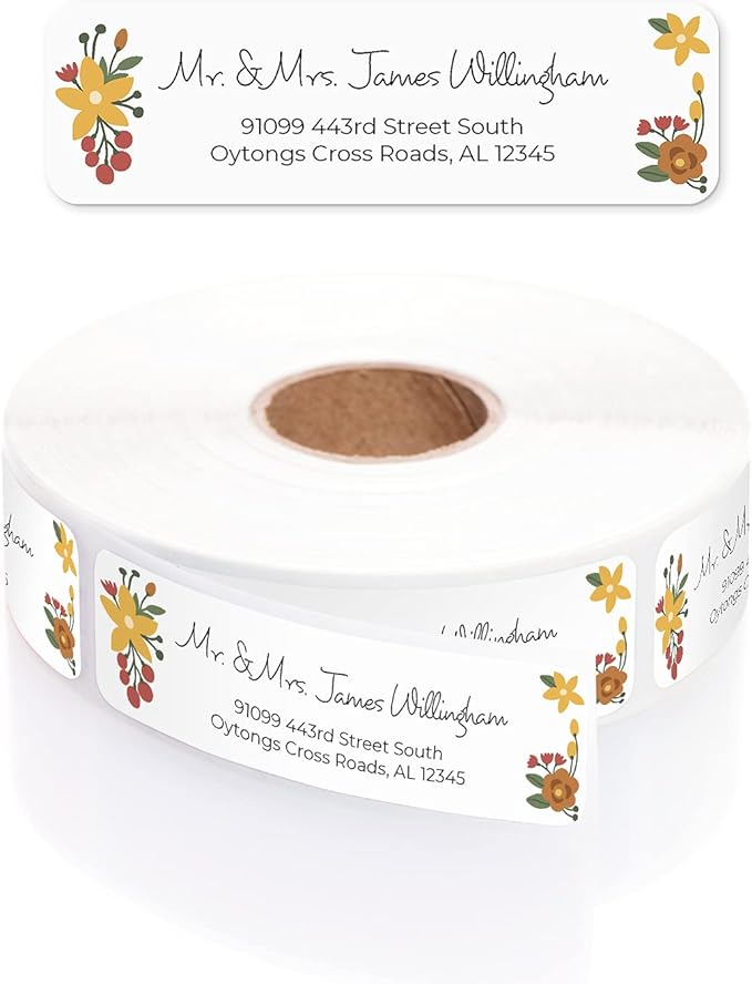 Retro Floral Rolled Address Labels/Roll of 500 Personalized Return Address Labels/Designer Return Address Stickers in Elegant Plastic Dispenser-DeskLoop Office