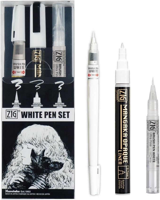 Kuretake Zig Inktober pen set, for Illustration, Manga Drawing, Lettering and Calligraphy, Professional Artist, Made in Japan (White(3pcs.))-DeskLoop Office